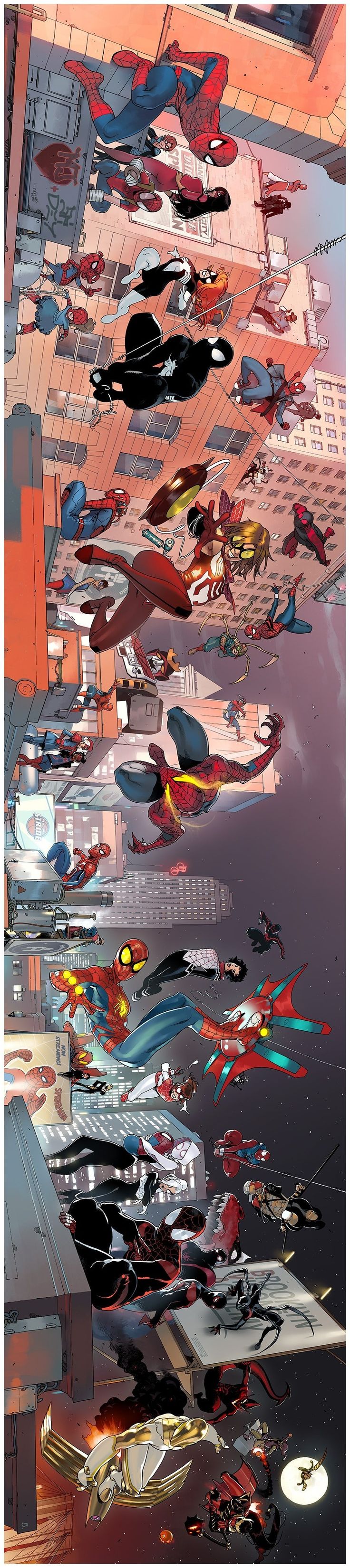 this image is a comic book illustration of spiderman and other superheroes battling against villains in a city setting. the image is filled with action and movement, with the superheroes leaping and swinging through the air. there are also many smaller details, such as buildings, vehicles, and debris, that help to create a sense of chaos and excitement. the image is bright and colorful, with the superheroes standing out against the backdrop of the city.
