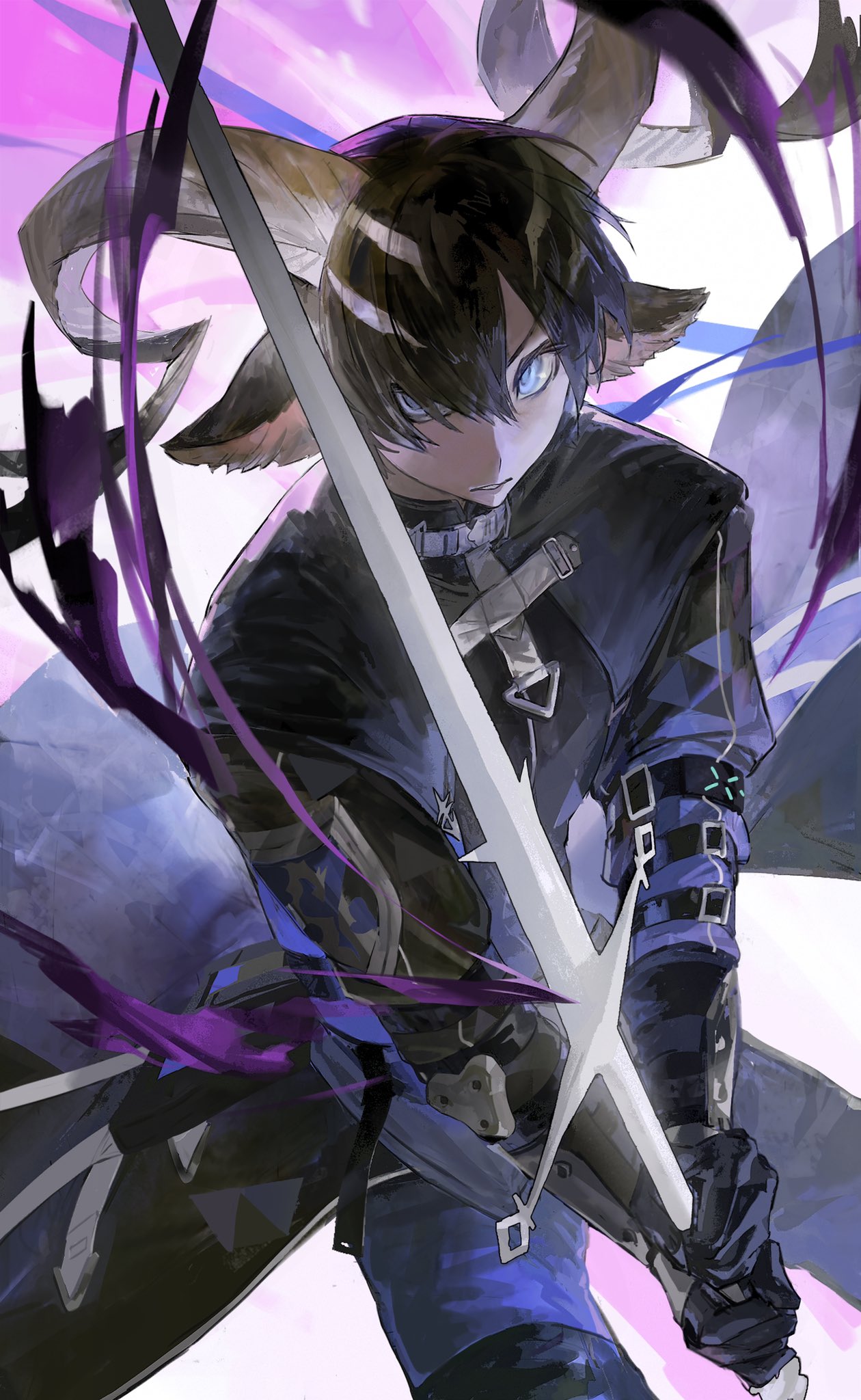 this illustration features an anime girl in a dark blue outfit, wielding a silver sword.  her hair is dark, and she has blue eyes.  her horns are present as part of her attire.  the background is a blur of purple and white, with hints of blue.  she is surrounded by purple and blue energy lines, and she is holding her sword with both hands as if she is about to attack.  her face is determined and intense, conveying a sense of power and focus.