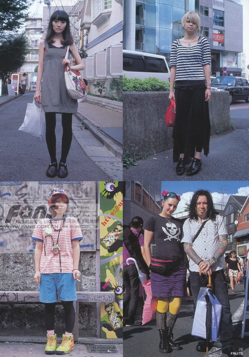 a collage of four photos showcasing street fashion in japan. each photo features one to three individuals with unique and alternative clothing styles. the photos capture the vibrancy and diversity of personal style within an urban setting.