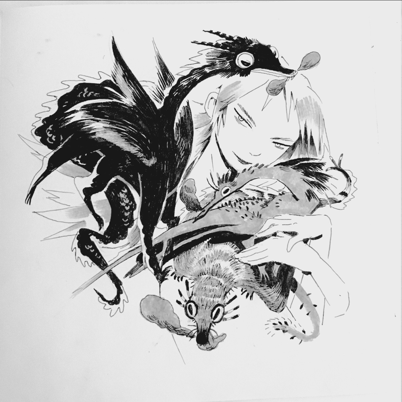 the image is a black and white sketch of a woman with three dragons. the largest dragon is perched on her head, and she is holding two smaller dragons in her arms. the dragons are all drawn in a stylized manner with large eyes and sharp teeth. the woman is depicted with a neutral expression.