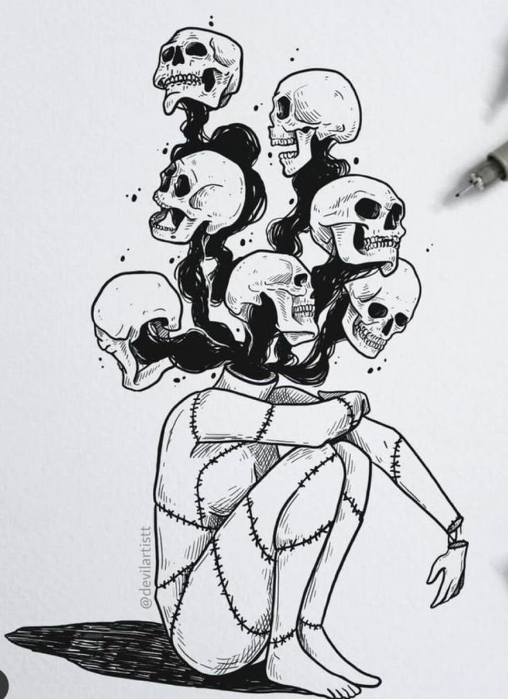 he image is a black and white ink drawing of a figure sitting with multiple skulls emerging from its head and neck.  the figure appears stitched together, giving it a grotesque, almost frankensteinlike quality. the skulls are various sizes and angles, suggesting a chaotic and unsettling energy. the overall style is dark and gothic, with a focus on detailed linework and shading. the piece evokes feelings of darkness, mental turmoil, or internal struggle. the artist's watermark is visible in the lower left.