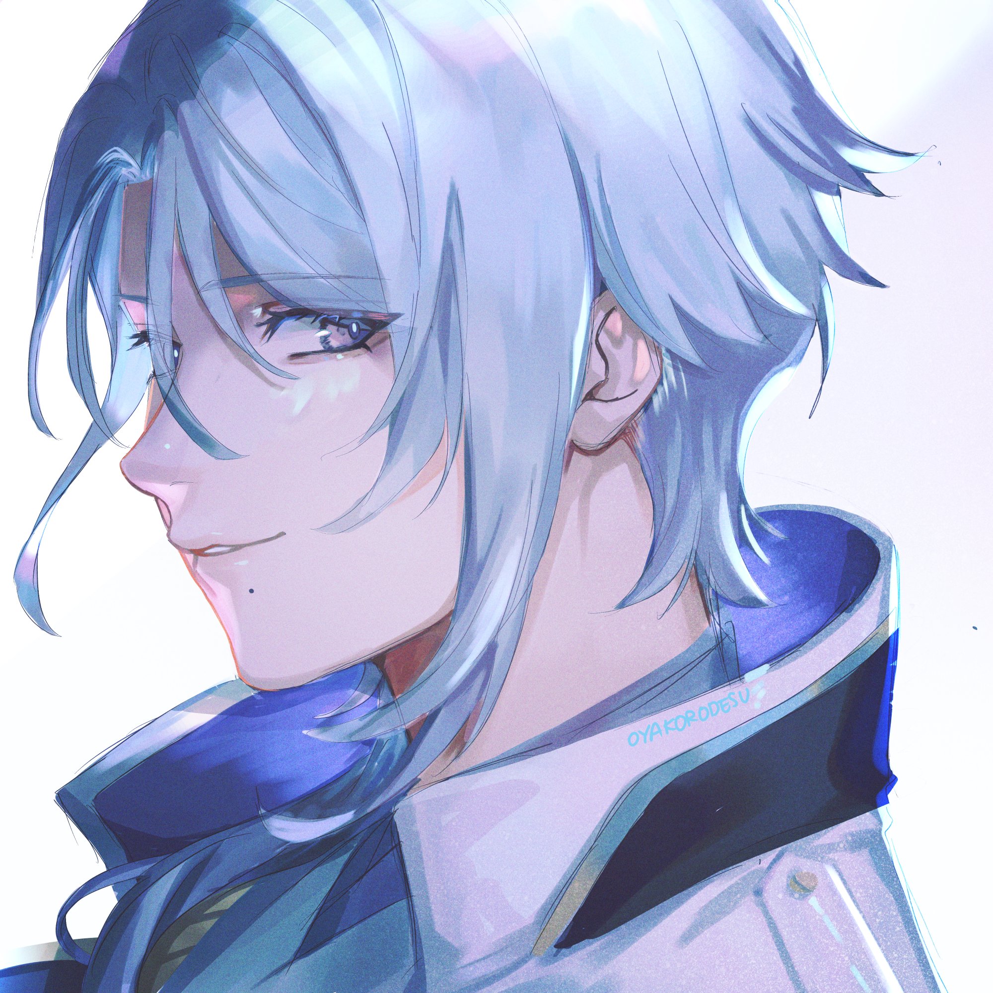a close up, side profile of an anime boy with long white hair smiling gently while looking off to the side. he has blue eyes and is wearing a white shirt with a blue collar. the illustration is done in a soft, dreamy style with light blue and purple tones.