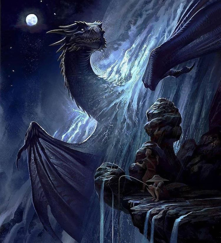 a fantasy image shows a dragon with dark scales standing near a cliff with a waterfall. a man is sitting on the cliff fishing. the moon and stars are visible in the night sky.