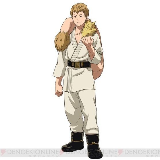 this is an anime illustration of a male character from the manga/anime series "my hero academia." the character has blonde hair and is wearing a white uniform with fur around his neck. he has a belt with gold accents, and he is wearing black boots. he is standing and looking forward. the illustration is drawn in a manga style.