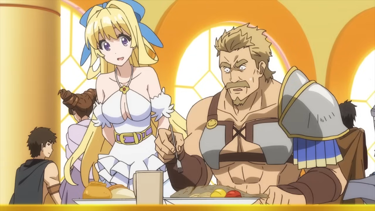 the image shows an anime girl with blonde hair and a muscular man with blonde hair and a mustache sitting at a table in a restaurant. the girl is wearing a white dress with a blue ribbon in her hair. the man is wearing a blue and white armor. there is food on the table in front of them. the lighting is bright and the perspective is at eye level.