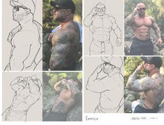 a collection of nine images in a three by three grid, all of the same muscular man with tattoos. the images are all sketches and figure drawings of the man in different poses. some images show the man without a shirt on. the figure drawings use a variety of pencils and shading techniques. all images appear to be taken outdoors with natural lighting. the bottom two images on the right hand side are photographs that the drawings are based on.
