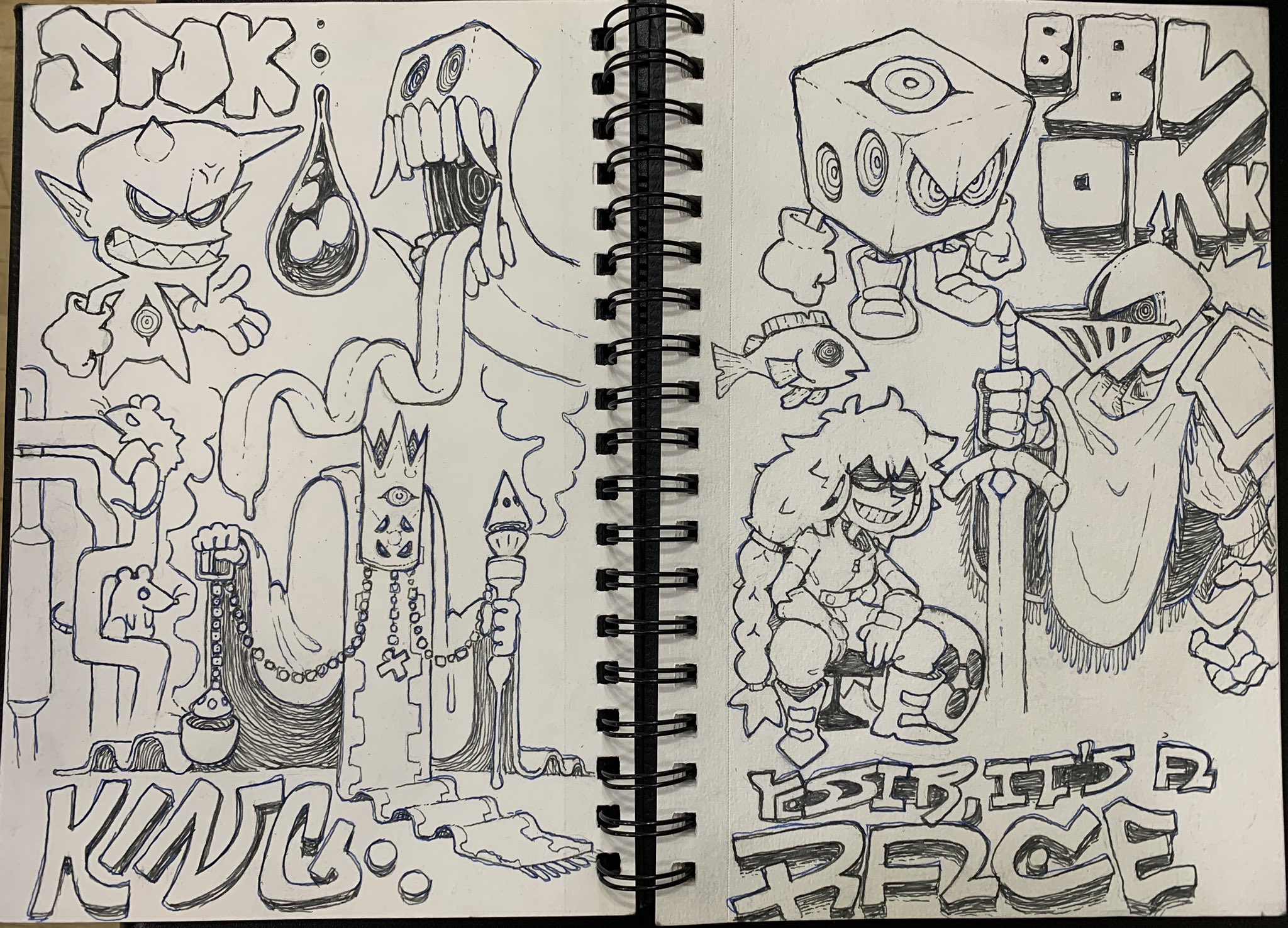 the image shows two pages from a sketchbook filled with fantasythemed doodles. the drawings are done in black ink and feature a variety of creatures and characters. on the left page, there are three main drawings: a small, implike creature with horns and a tail, a tall, slimy monster with a large mouth and sharp teeth, and a kinglike figure sitting on a throne. the right page features four main drawings: a cubeshaped creature with one eye, a fishlike creature with sharp teeth, a warrior woman with a sword, and a knight's helmet with a flowing banner. the words "spik", "kukc", "blvk", and "yes sir it's a race" are written in stylized lettering around the drawings.