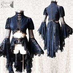 the image showcases a striking gothic lolita outfit against a neutral background. the ensemble features a cropped jacket with intricate button detailing, paired with a flowing, layered skirt. both pieces are crafted from a luxurious, darkhued fabric with an allover lace pattern. long, dramatic sleeves with lace trim add an air of opulence and drama.  the outfit is displayed on a headless mannequin, emphasizing the intricate design and craftsmanship of the garments.
