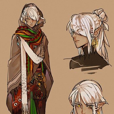this illustration features three different portraits of the same female elf character. on the left is a fullbody portrait with a long white scarf and colorful patterned shawl, and two closeup portraits on the right of the character’s face with different expressions. the character has long white hair pulled back in a braid, sharp facial features, and wears several pieces of gold jewelry. the art style is stylized, with smooth lines and muted colors.