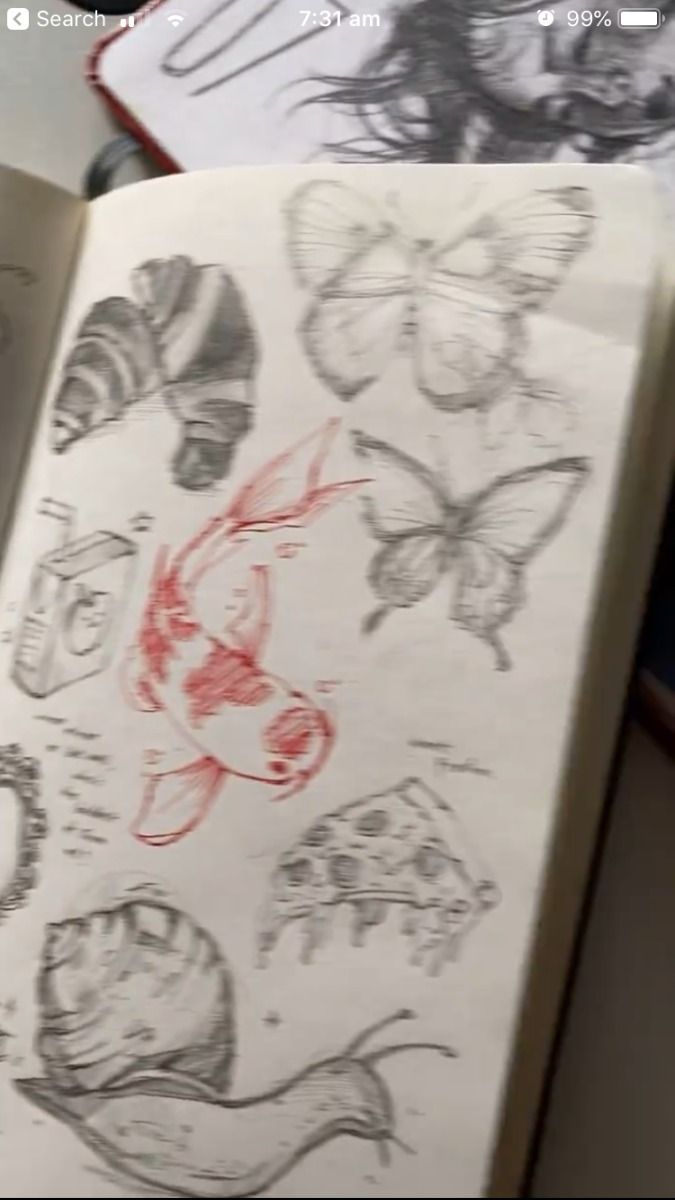 he image shows a sketchbook page filled with various pencil and ink drawings. the drawings include a koi fish drawn in red ink, several butterflies, a snail, a caterpillar, a mushroomlike object, and other miscellaneous doodles. the style is loose and expressive, with a mix of detailed and sketchy elements. the overall tone is dark and moody.