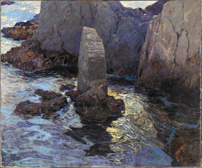 a painting of a rocky coastline with a tall, thin sea stack standing in the water. the waves crash against the rocks, creating white foam. the water reflects the light, creating a shimmering effect. the cliffs rise up on either side of the water, creating a dramatic scene.