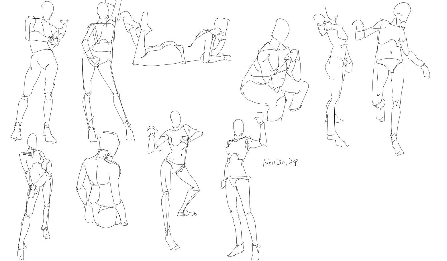 the image contains a collection of quick, gestural figure drawings. the style is minimalist, using simple lines to capture the essence of human poses.  the drawings depict various figures in different dynamic poses and actions, some are standing, some seated, and others in motion. the style suggests a focus on capturing movement and overall form rather than detailed anatomical accuracy. there is a date, "nov 30, 2p," written in the drawing, suggesting a time stamp for the sketches. the overall impression is that of a sketchbook page filled with quick studies of the human form.