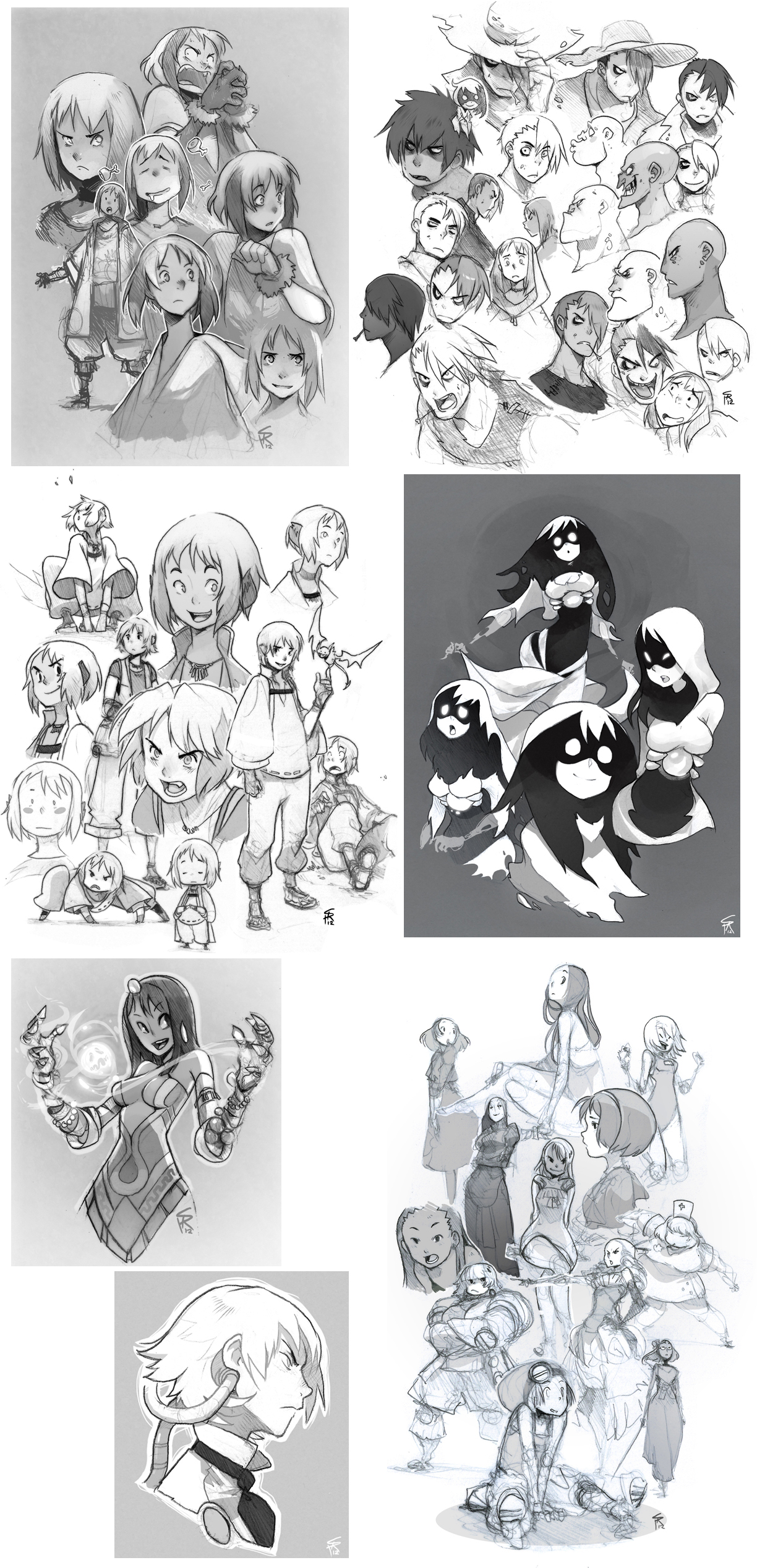 the image shows a collection of black and white sketches likely from an artbook or artist's portfolio. they primarily feature stylized characters, many with large eyes and exaggerated features common to anime and manga. the characters are depicted in various poses, including action stances and expressive faces. the art style suggests a fantasy setting, and some characters are equipped with weapons or magical abilities. the overall aesthetic leans towards dynamic and expressive character design.
