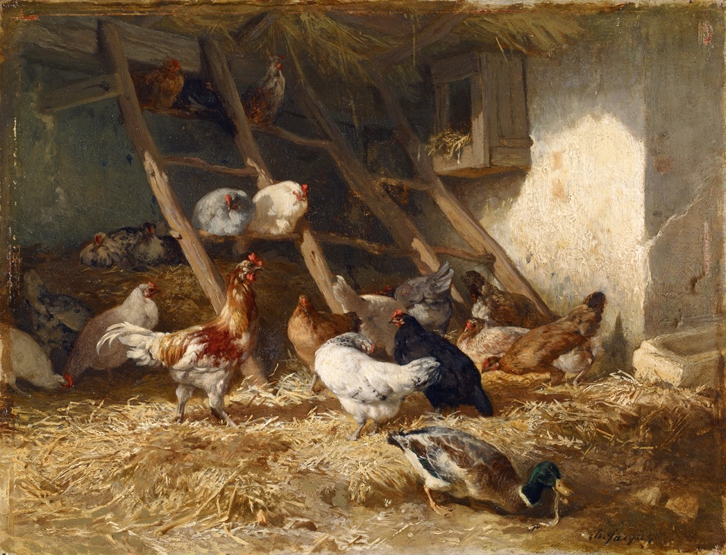 the image is a painting of a chicken coop or barn interior, filled with chickens, a rooster, and a duck. a wooden ladder leans against the back wall, with several chickens perched on the rungs or in nesting areas above. the floor is covered with straw. the scene appears to be a representation of rural farm life.