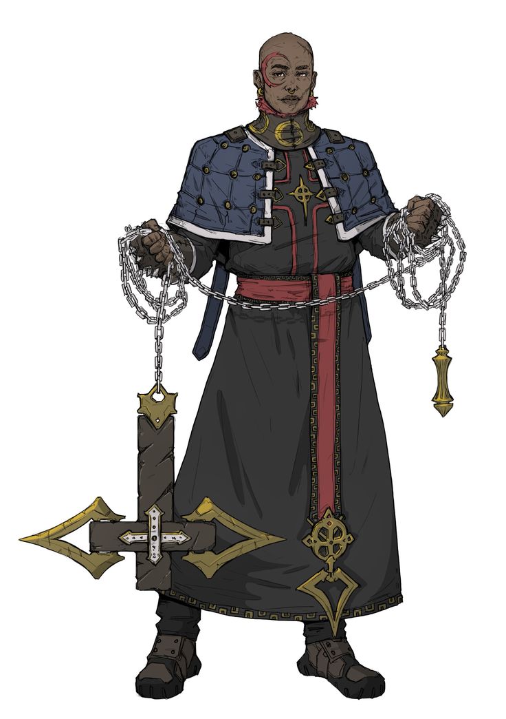 digital painting of a dark fantasy character design. the character is a bald, darkskinned man dressed in a long, dark robe with a blue cape and red sash. he wears ornate gold jewelry, including a necklace and belt buckle. in his hands, he holds the chains of a large, inverted crossshaped mace with gold accents. the character appears to be a priest or cleric of some kind, perhaps from a dark or evil religion. the style is reminiscent of video game concept art. the background is white, making the character stand out. the overall mood is dark, mysterious, and powerful.