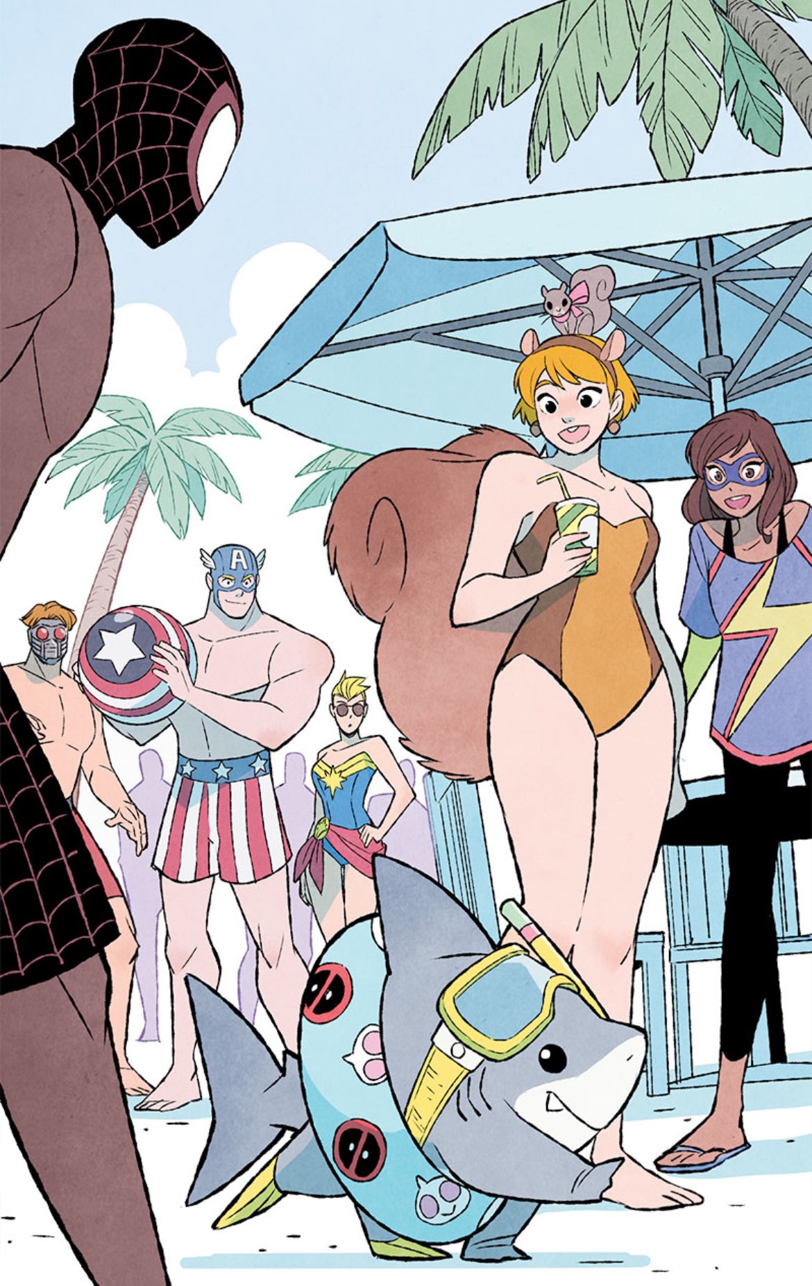 this is an illustration from a marvel comics book featuring a group of superheroes enjoying a beach day.  the scene is lighthearted and playful, with characters like squirrel girl in a swimsuit, captain america in swim trunks, and spiderman in the background.  other characters, including ms. marvel, are also present.  a cute shark wearing a deadpoolthemed inflatable ring adds to the whimsical atmosphere. the setting is a sunny beach with palm trees, creating a summery and relaxed vibe. the art style is cartoonish and vibrant.