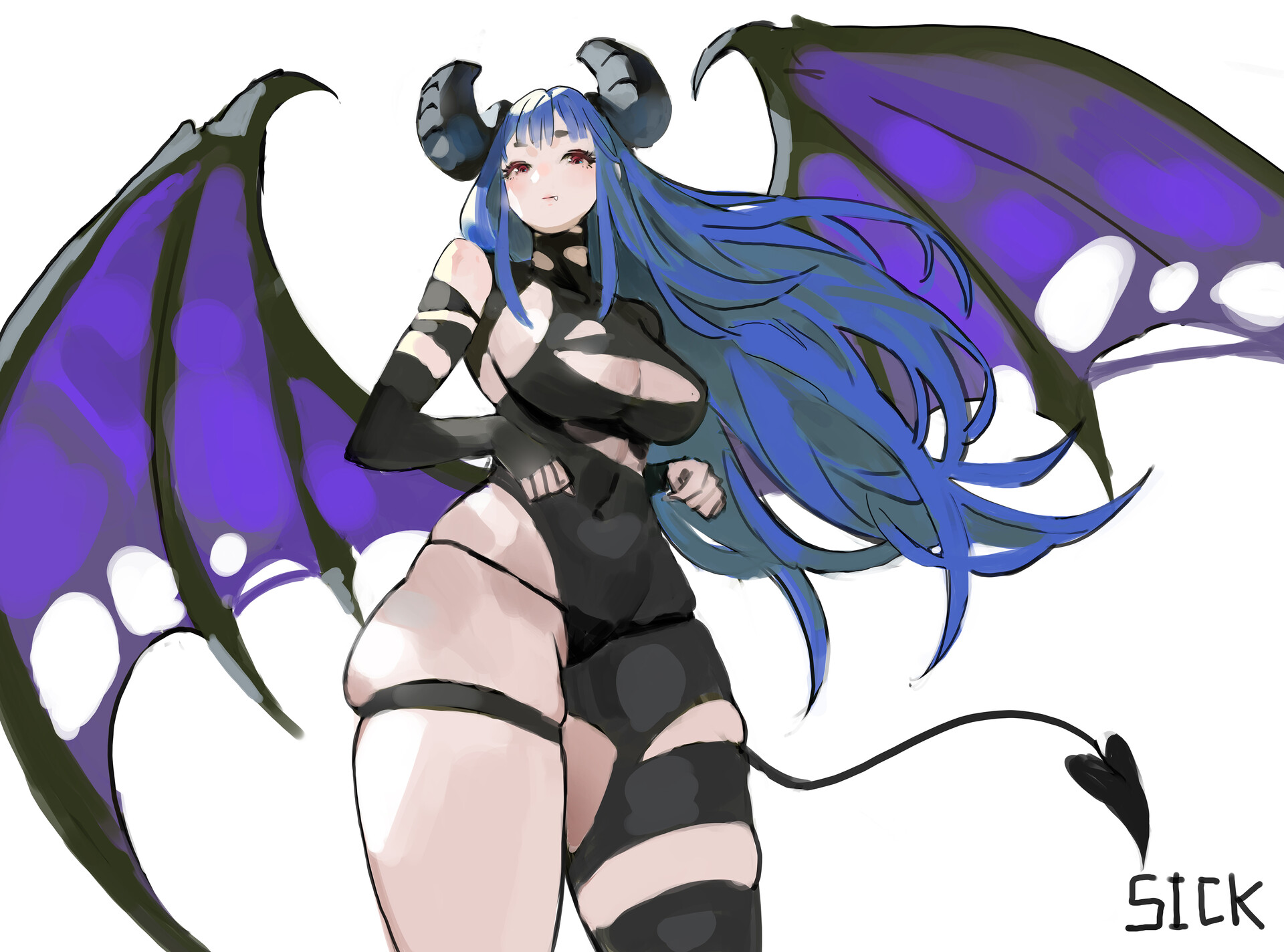 an illustration of a demon girl with blue hair, red eyes, and horns. she has large, purple and black wings and a tail with a heartshaped tip. she is wearing a black outfit with cutouts. the word "sick" is written in the bottom right corner.
