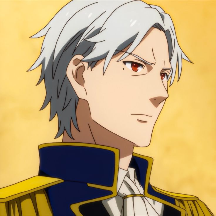 this is a closeup illustration of an anime male character. he has white hair, red eyes, and is wearing a military uniform with a gold collar. he is looking off to the side with a serious expression on his face. he appears to be young, handsome, and elegant.