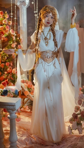 a fullbody shot of a woman in a flowing white dress with gold embellishments and accessories, posing amidst pink roses and pillars.  the dress has long sleeves and a high neckline, with a gold belt and intricate details.  her hair is styled in long braids, and she wears gold jewelry. the overall style is reminiscent of a goddess or a character from mythology or a fantasy setting. the background is soft and romantic, enhancing the ethereal quality of the image.
