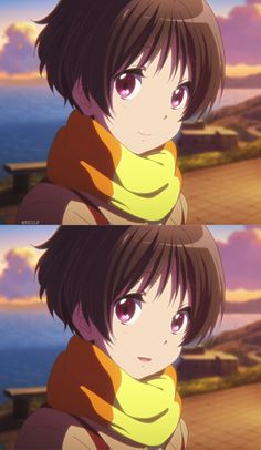 the image is a drawing of an anime girl with short brown hair and purple eyes. she is wearing a yellow and orange scarf and a light brown jacket. the background is a sunset with soft lighting. the overall tone of the image is warm and inviting.