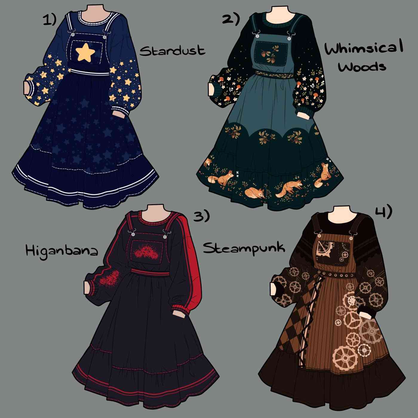 the image displays four different jumper skirt dress designs. each design has a distinct theme, as labeled: "stardust", "whimsical woods", "higanbana" and "steampunk".  each design showcases unique patterns and details related to its theme.