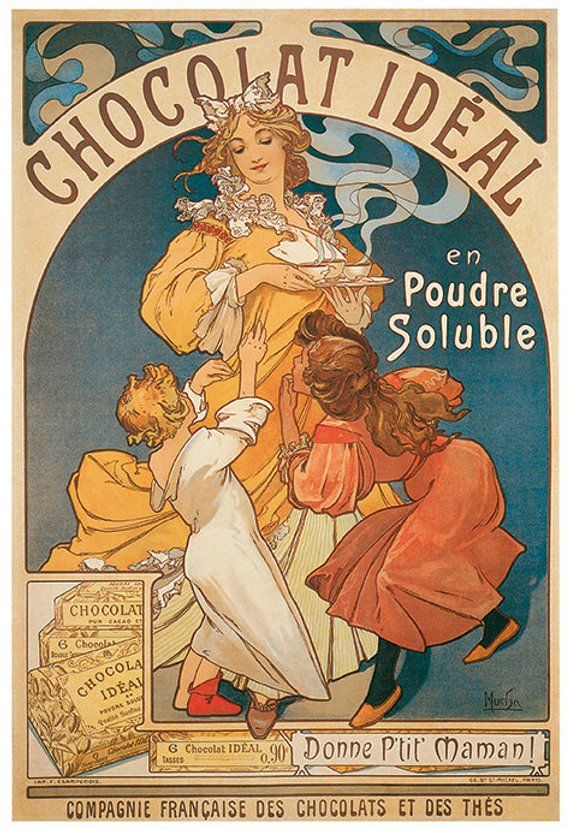 this is a vintage art nouveau advertisement for chocolat ideal, a french chocolate powder. the advertisement features a woman in an elegant yellow dress holding a tray with a cup of chocolate, attended by two eager children reaching for the treat. the text "chocolat ideal en poudre soluble" is prominently displayed in a curved arch at the top of the image. below the woman and children are depictions of the chocolate packaging and the phrase "donne p'tit maman!" (give it to little mom!). the bottom of the advertisement reads "compagnie française des chocolats et des thes."