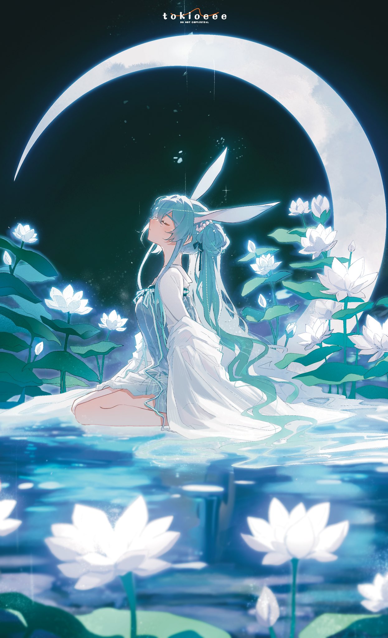 he image showcases a digital painting of an anime girl with long, light blue hair and rabbit ears. she's dressed in a flowing white dress and is seated peacefully amidst a pond filled with white lotus flowers.  a crescent moon arches over her, casting a soft, ethereal glow on the scene. the overall aesthetic is serene and dreamlike, with a focus on soft colors and delicate details.  the style is reminiscent of fantasy art, with an emphasis on atmosphere and mood.