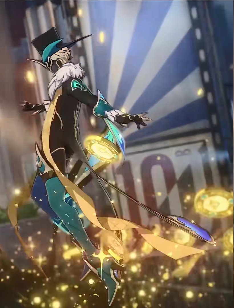 an anime character with a blue and yellow outfit is flying in the air. they have a hat with a long brim and are holding a glowing weapon in their hand. they are surrounded by sparkles and light.