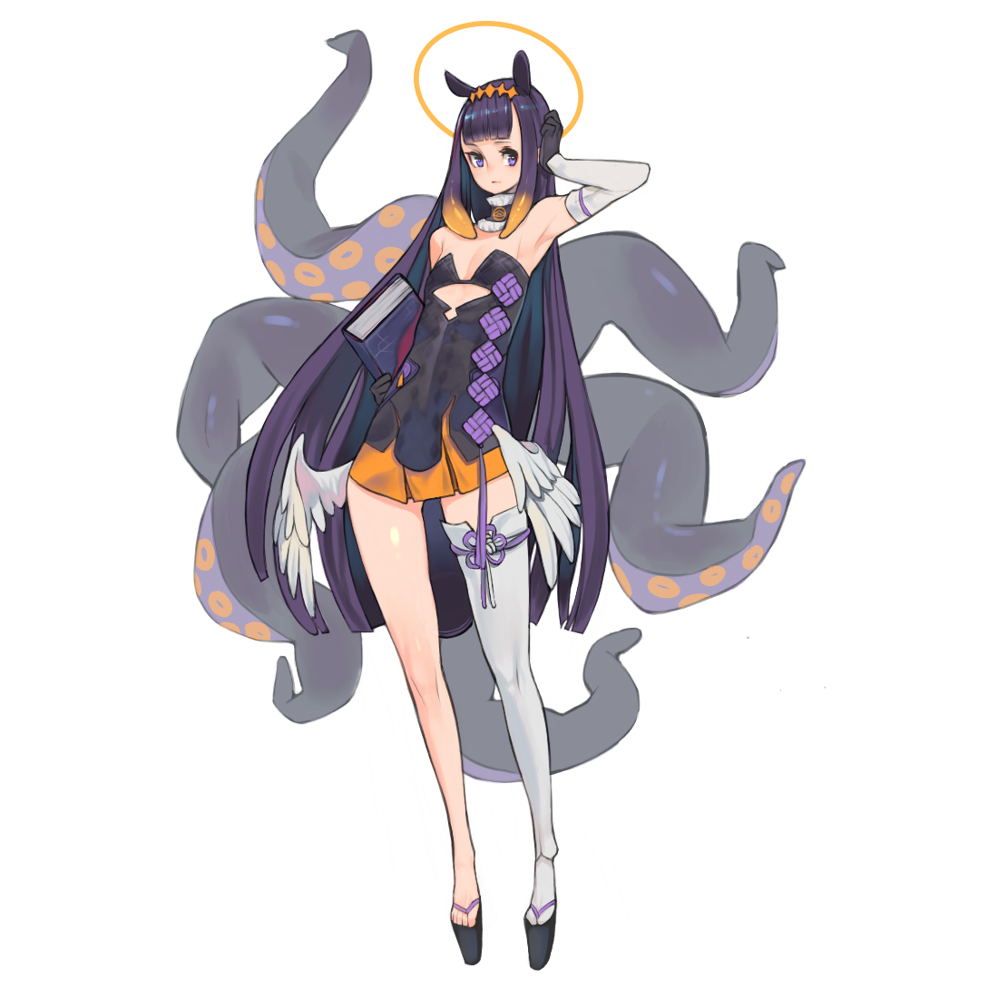 a young woman with long black hair and horns stands against a white background. she has purple eyes and is wearing a black and orange dress with a cutout in the middle, white thighhigh socks on one leg, and black ballet shoes. white feathery angel wings sprout from her back, and a halo floats above her head. she has several long, grey tentacles with circular markings behind her, and she holds a purple and black book in her left hand.