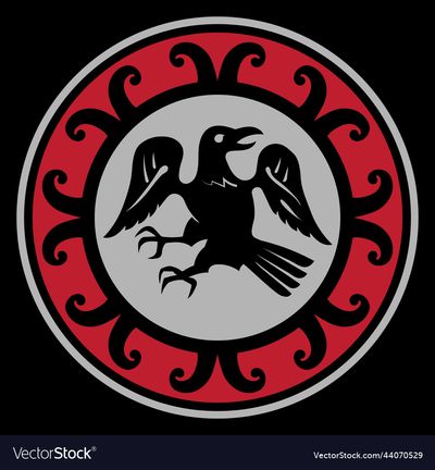 a black raven silhouette with wings outstretched inside a circular emblem. the emblem has an outer red ring with black spiral designs and an inner gray circle.
