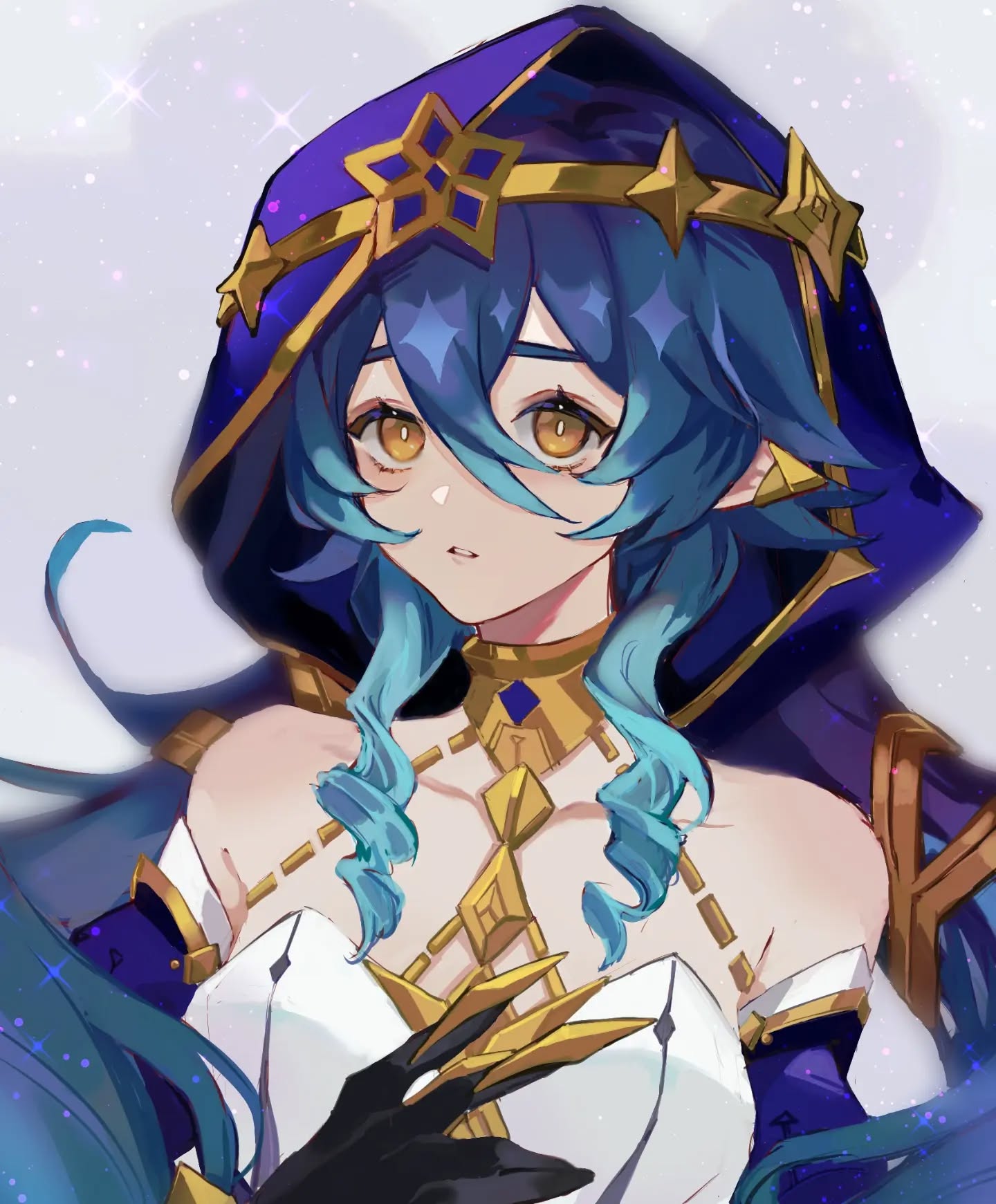 the image is a stylized digital fanart depicting a female anime character, possibly nilou from genshin impact. she has long, bright blue hair, and is wearing an elaborate outfit with a dark blue hooded robe adorned with gold accents, star details, and intricate jewelry.  the character's expression is serene and soft. the art style is smooth and polished with a focus on vibrant colors and elegant details. the background is a soft, light purple with sparkling effects that enhance the magical or celestial feel. the overall impression is of a beautiful and enchanting female character.