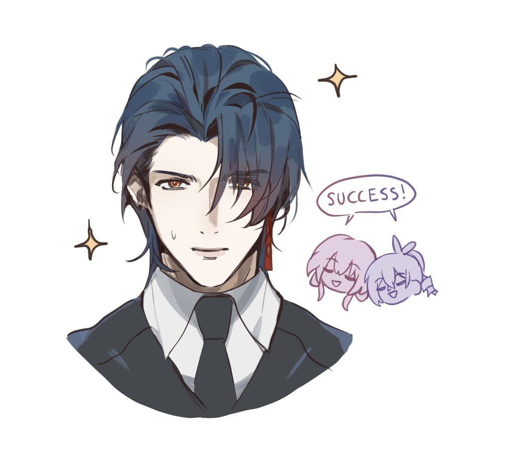 the image shows a handsome anime man with blue hair, wearing a suit and tie, smiling happily. he has a red earring and his hair is parted on the side. he is looking to the right, with a slight smirk on his face, as if he has achieved something. above him is a speech bubble saying "success!". to the right of him are two chibistyle girls, also smiling happily. the girls appear to be celebrating his success. the background is white.