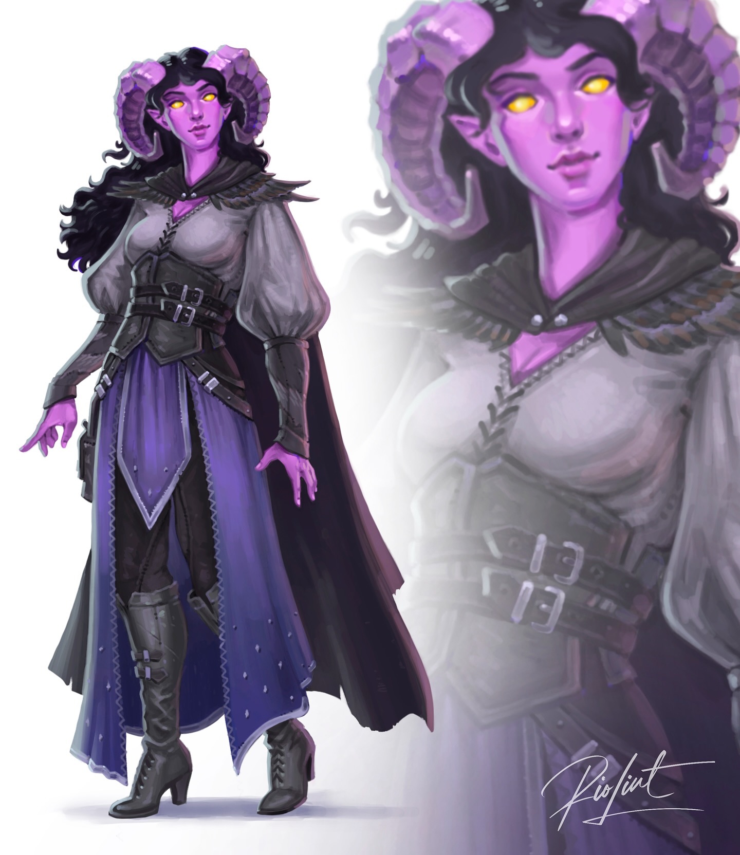 he image showcases a digital painting of a female tiefling character.  she's depicted in a fullbody illustration on the left, while a closeup portrait of her face and upper body is presented on the right. the tiefling has purple skin, long dark hair, and distinctive horns. she is dressed in a combination of medievalstyle clothing and leather armor, including a corsetlike top and long, flowing purple skirt or dress.  her boots are dark and sturdy, suitable for adventuring. the art style is evocative of fantasy rpg character designs, possibly for a game like dungeons & dragons. the background is simple, allowing the character to stand out prominently. the artist's signature is subtly placed in the bottom right corner of the image.