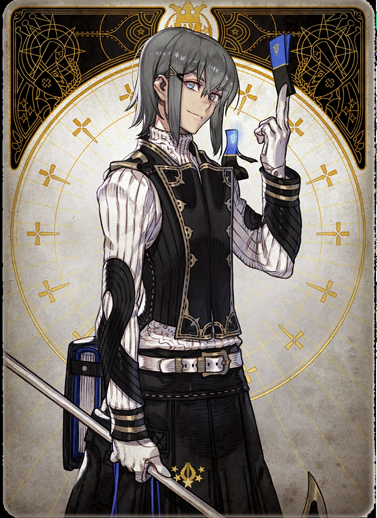 the image showcases a portrait of a confident young man with gray hair and blue eyes, likely a character from a fantasy setting. he is dressed in a stylish, black and white uniform adorned with gold accents, suggestive of a magical academy or order. he holds a blue card in his right hand and a book attached to a staff in his left. the background features an ornate, circular frame with intricate patterns and a gold motif, further hinting at the character's magical affiliation.  the lighting is soft and frontal, highlighting the character's features and attire.