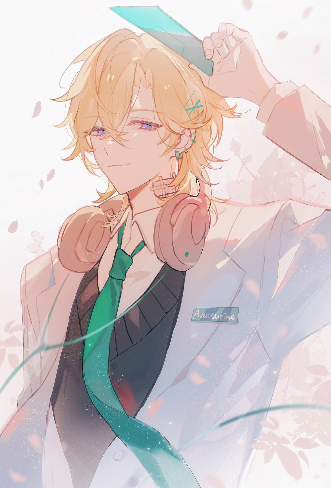 this is an anime style illustration of a young man with blond hair, blue eyes, a white jacket, green tie, and a name tag that says "aventurine". he is smiling and holding a blue item above his head. he is wearing headphones around his neck.