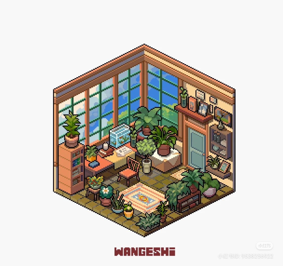 this is a pixel art image of a cozy room with a desk, chair, and lots of plants. the room is lit by natural light coming through the windows. there is a fish tank on the desk and a fireplace in the back of the room. the room is decorated in a cozy and inviting style.