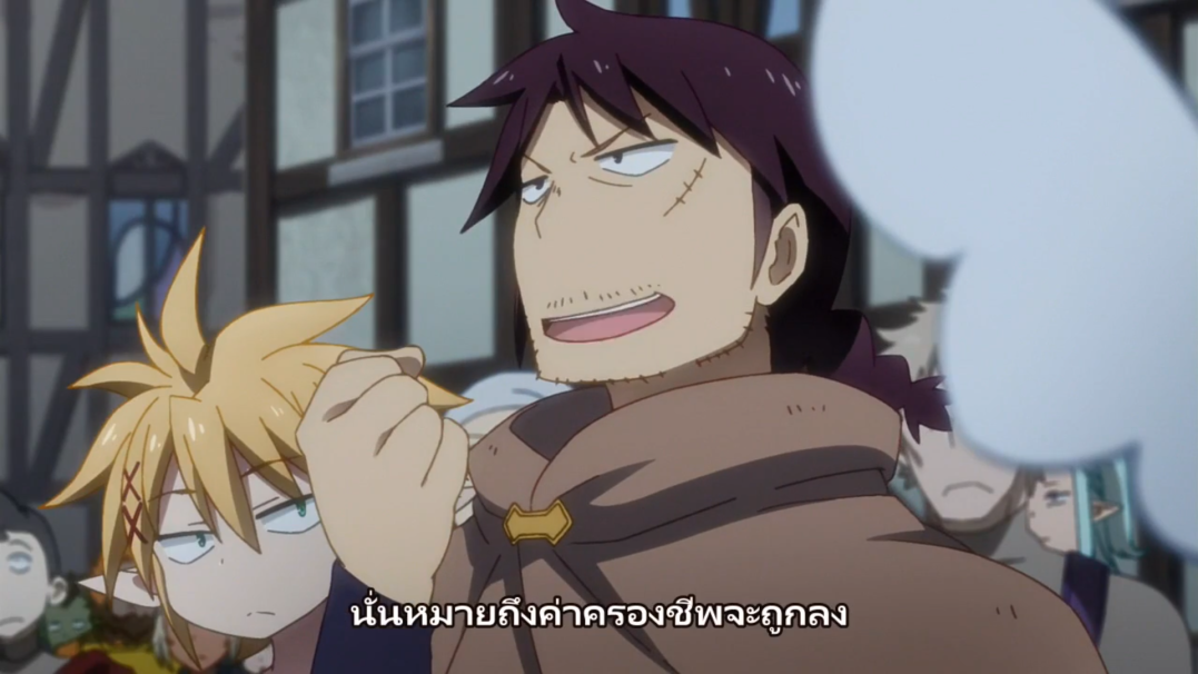 this is an anime style image with two male characters. one of the characters has brown hair and a brown cloak, and he's smiling and looking at the camera. the other character has blonde hair, is looking away and wearing a purple outfit. both are looking at the camera. in the background there are other anime characters, as well as buildings.