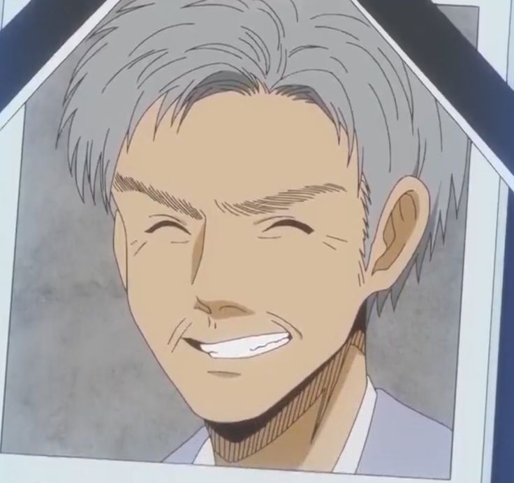 a framed portrait of an elderly anime man with white hair smiling happily at the viewer. the background is a light gray color.