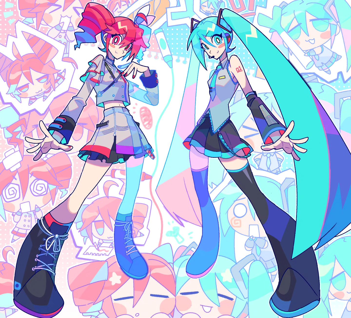 he image is a vibrant digital drawing featuring two animestyle female characters. one is hatsune miku, the popular vocaloid, recognizable by her signature long turquoise twintails and iconic outfit.  the other character appears to be an original design, with bright red twintails and a similar, but distinct, outfit. both characters are posed dynamically against a busy background filled with smaller, stylized versions of themselves and other similar characters, creating a repeating pattern. the overall style is bright, energetic, and mixes cyberpunk elements with pastel colors and a cute aesthetic.  the art style is distinctly anime/mangainspired, with clean lines and bold color choices.