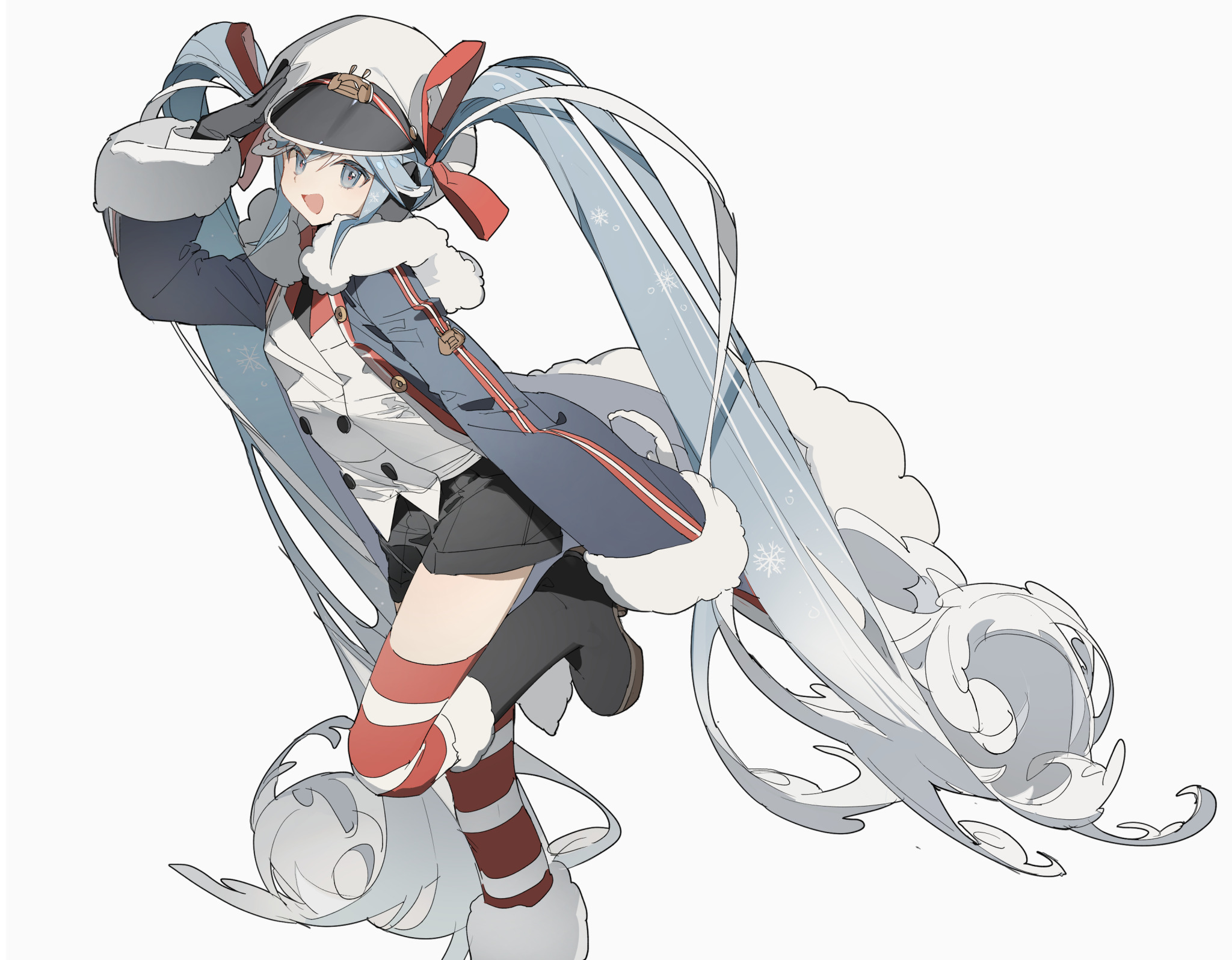 an anime girl with long blue hair wearing a winter outfit is smiling and pointing. she is wearing a hat, a blue coat with fur trim and red stripes, black shorts, and red and white thighhigh socks. her hair is flowing around her, and she appears to be in motion. the style resembles snow miku.