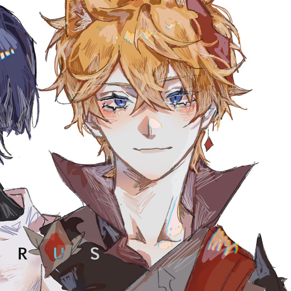 the image is a digital fan art drawing of a male character that strongly resembles albedo from the game genshin impact.  he is depicted from the shoulders up, in a loose and painterly style. his hair is a light blond, almost golden, with some strands falling over his forehead. he has striking blue eyes and rosy cheeks. he’s wearing a dark, somewhat highcollared garment with red accents and what appears to be an earring. a partially visible, stylized, black and white background figure is to the left. the artist's signature (or part of it) "rus" is visible in the lower left corner. the overall style is expressive and slightly sketchy, reminiscent of both anime and manga styles. the artist uses texture and color effectively to create a sense of depth and movement in the hair and clothing.