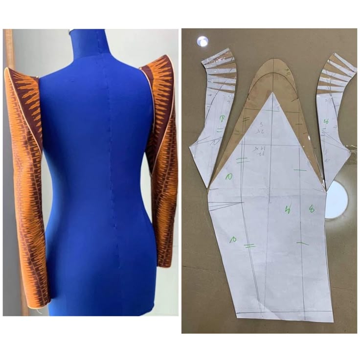 the image shows a blue dress form wearing a fitted dress with exaggerated shoulder detail, next to the corresponding paper pattern pieces for the dress. the patterns are laid out on a flat surface with green markings on the white paper. there is a transparent pattern on top of the paper patterns.