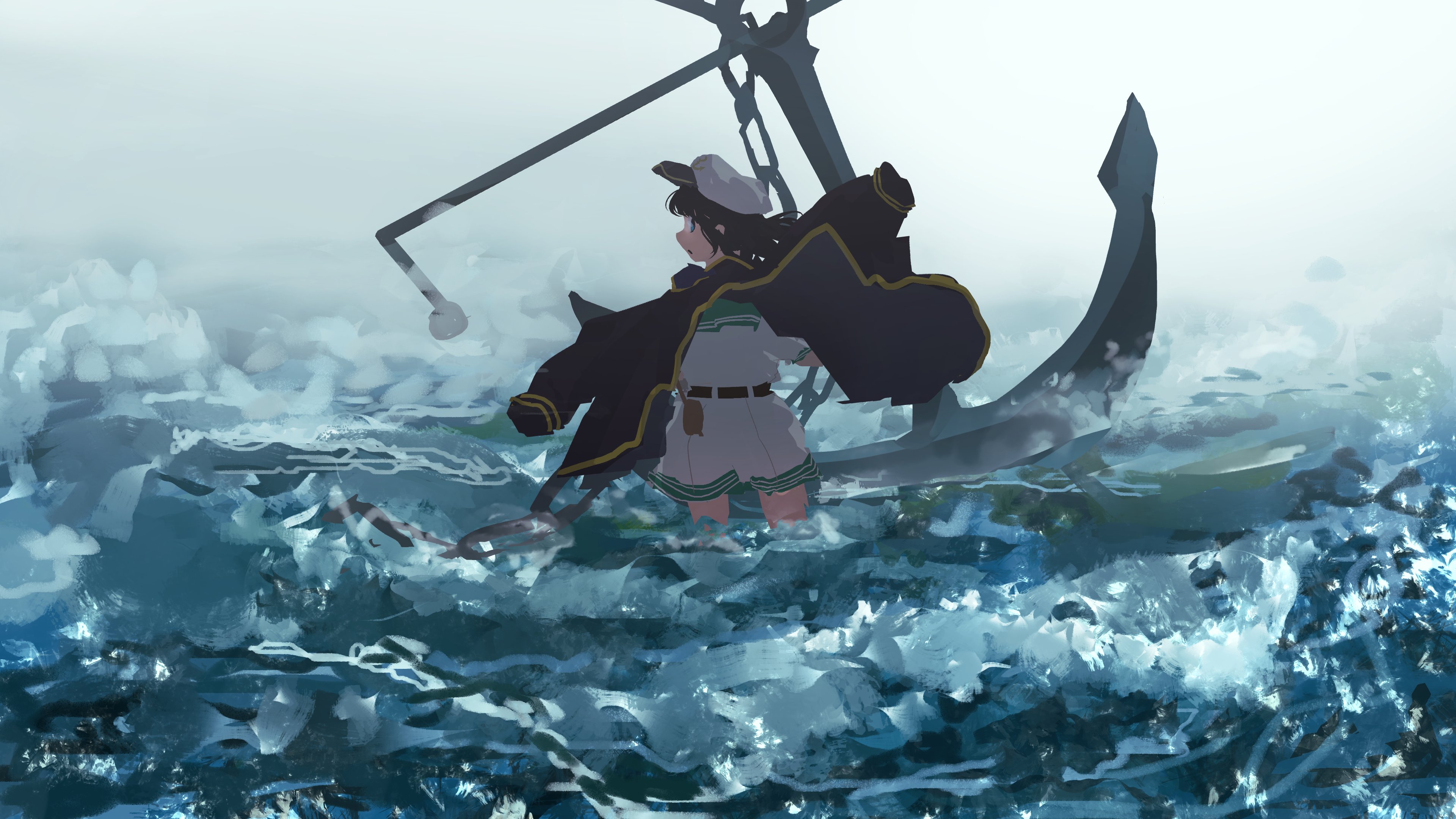 the image depicts an animestyle girl in a sailor's cap and jacket standing amidst the wreckage of a small boat in a turbulent ocean. a large anchor is partially submerged nearby, suggesting a recent shipwreck. the girl appears somewhat stoic, perhaps even defiant, in the face of the harsh conditions. the overall style is painterly, with visible brushstrokes creating a sense of movement in the water and wind. the color palette is primarily blues and grays, reflecting the stormy atmosphere.  the scene conveys a sense of both peril and resilience.