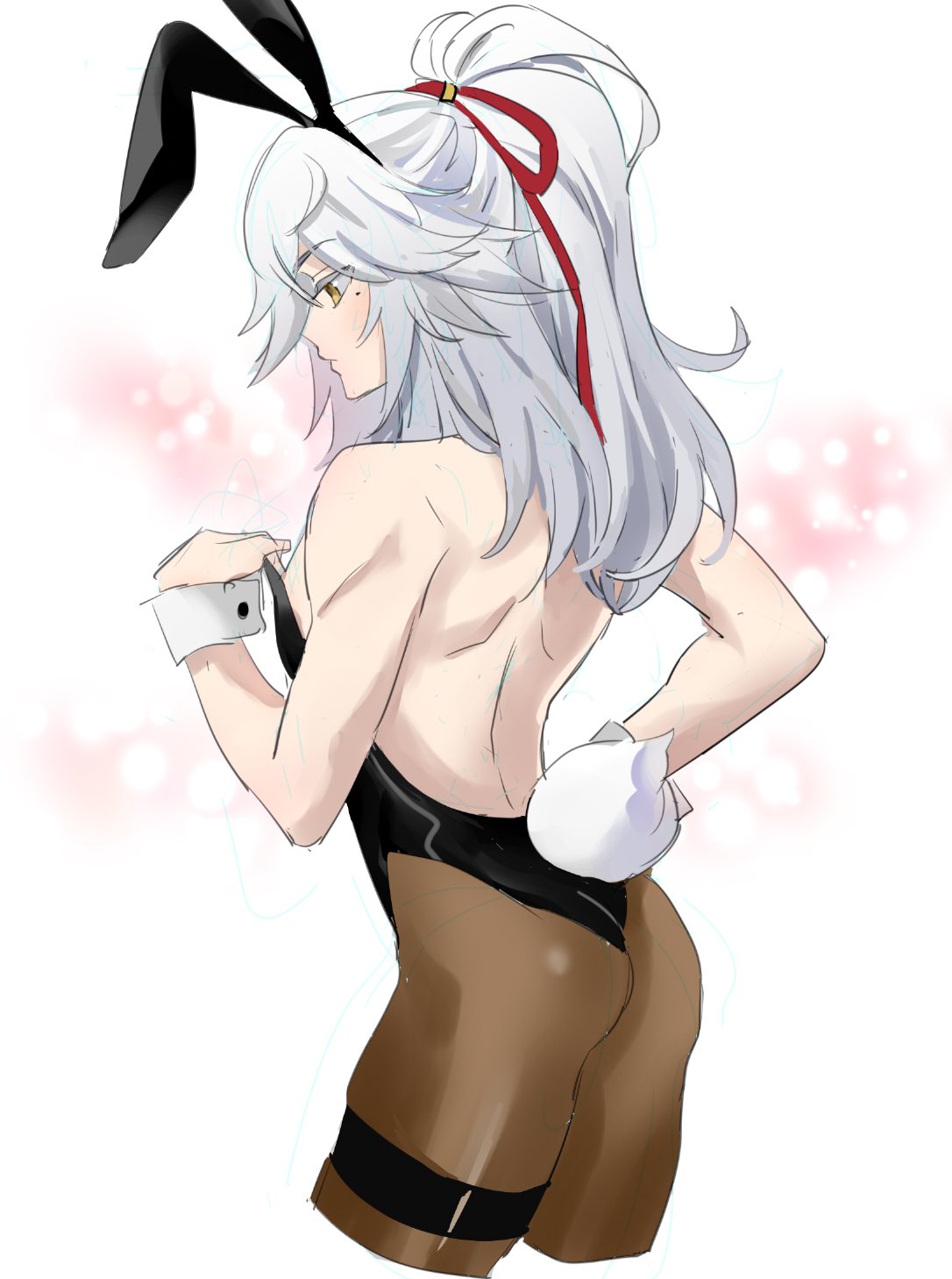 a whitehaired anime girl with long hair tied up in a ponytail with a red ribbon is wearing a black bunny costume with a white tail. she's adjusting the straps of the costume and looking down at her left side. she's in front of a white background with pinkwhite spots on the upper left side of the picture.