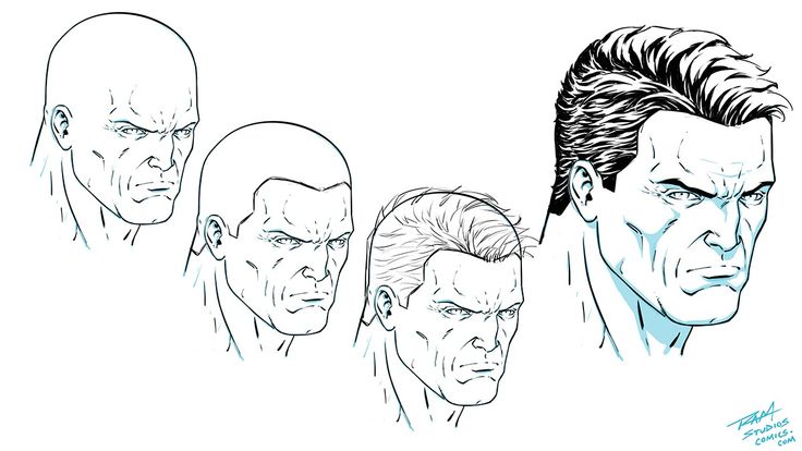 the image shows four steps in drawing a man's face, from a bald head to a head with short hair in profile to a head with thick, dark hair. the style is reminiscent of comic books.