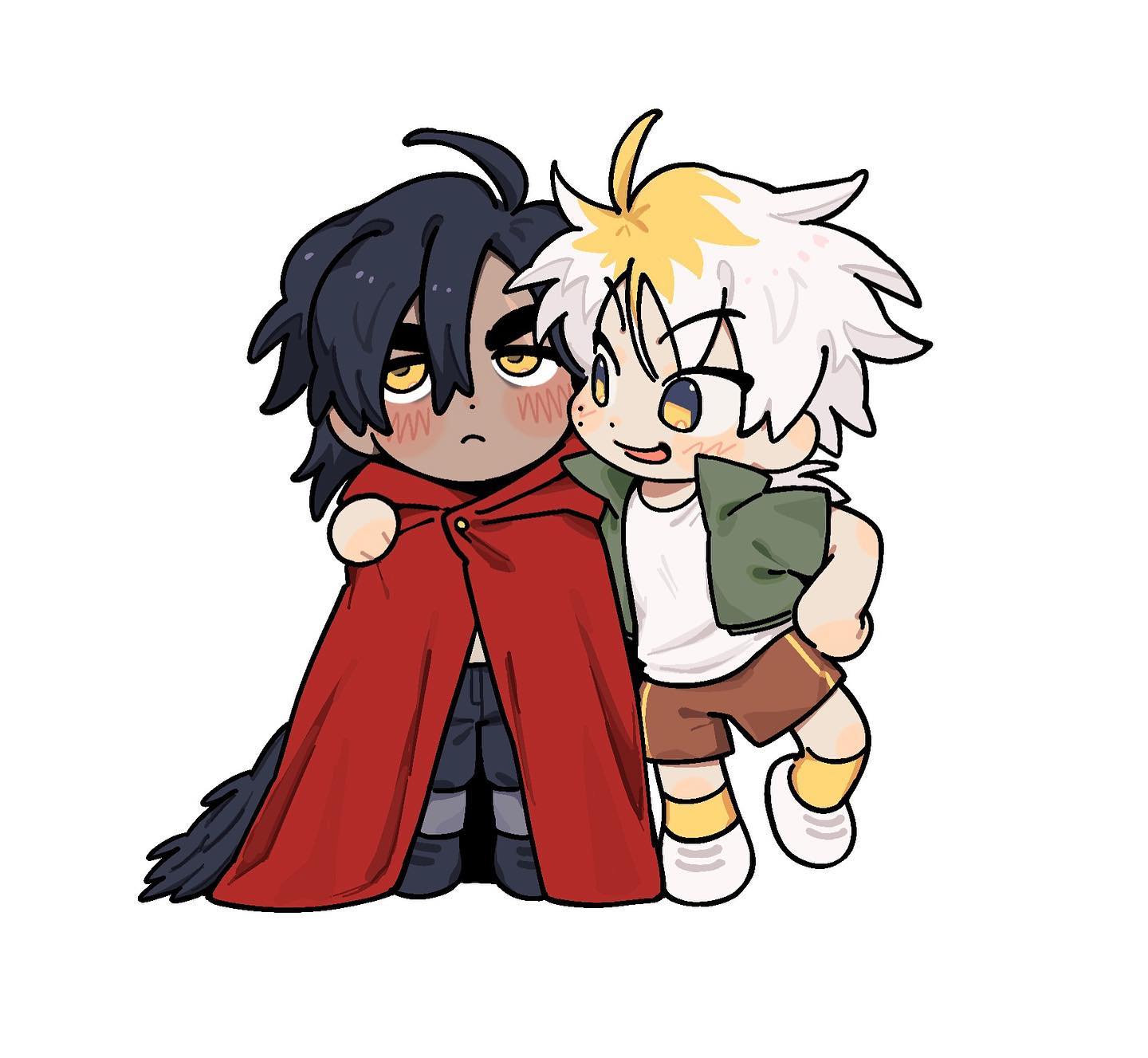 the image is a digital drawing in a chibi style, featuring two animestyle boys. one boy has dark hair and is wearing a red cape. the other boy has light blonde/white hair and is wearing casual attire. they are positioned close together, with the blondehaired boy appearing to hug the other. both boys have exaggerated features and large eyes, typical of chibi art.  the overall style is cute and friendly, suggesting a close relationship between the characters. the art style is clean and welldefined with a focus on soft colors and simple linework.
