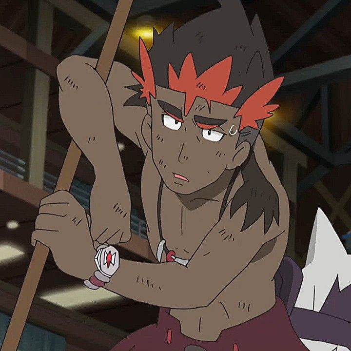 a cartoon anime man with dark skin and red hair, wearing a red loincloth is holding a brown spear and looking intensely at something out of frame. he is angry and focused, with his jaw clenched and brow furrowed. he is shirtless and his skin is scratched and dirty.