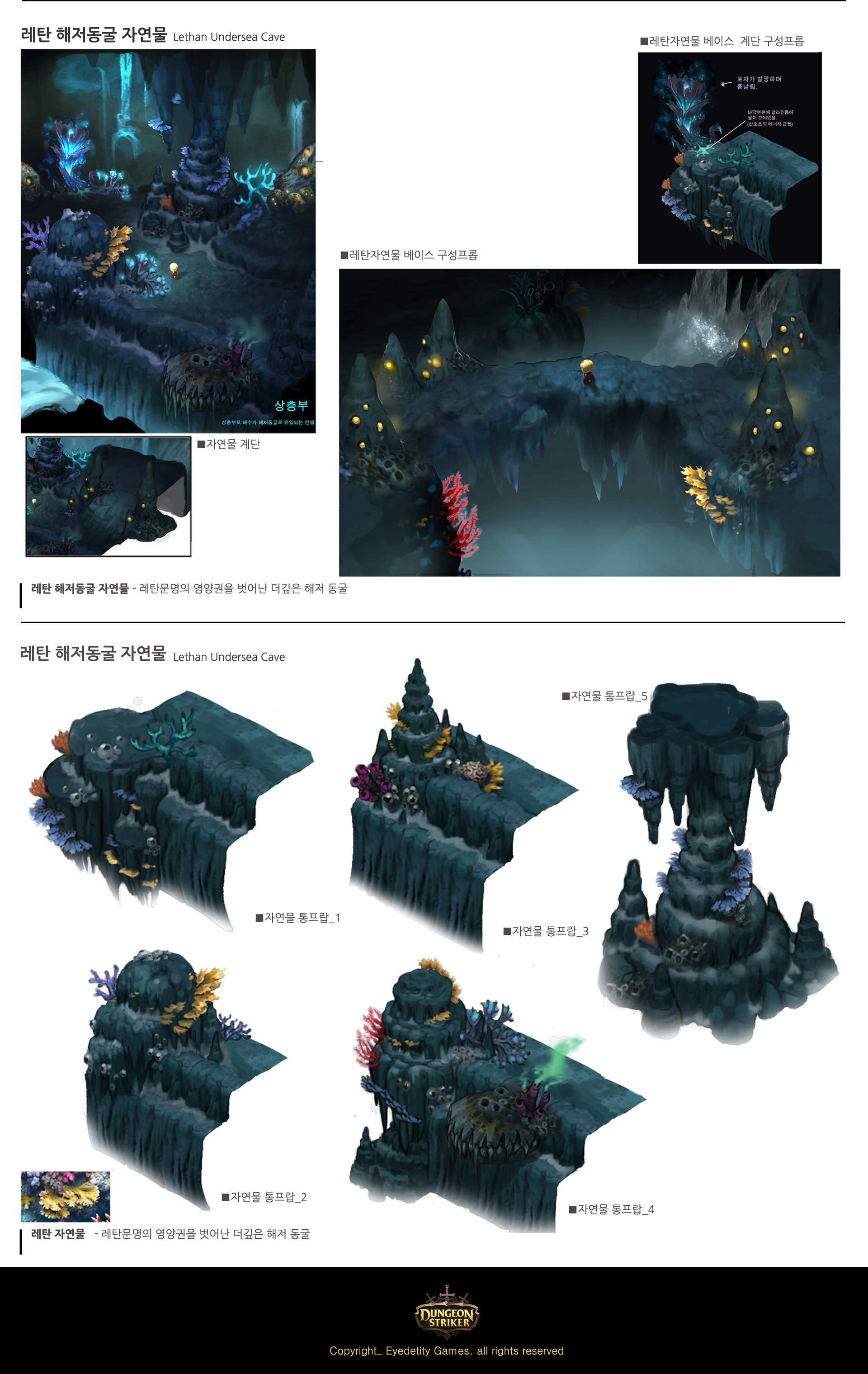 this image showcases concept art for an underwater cave environment, likely for a video game. it features multiple isometric and topdown views of the level design, highlighting the placement of rocks, coral, plants, and lighting elements. the overall palette is dark and cool, emphasizing the underwater setting. a tiny silhouette of a person is barely visible in one of the views, suggesting the scale of the environment.