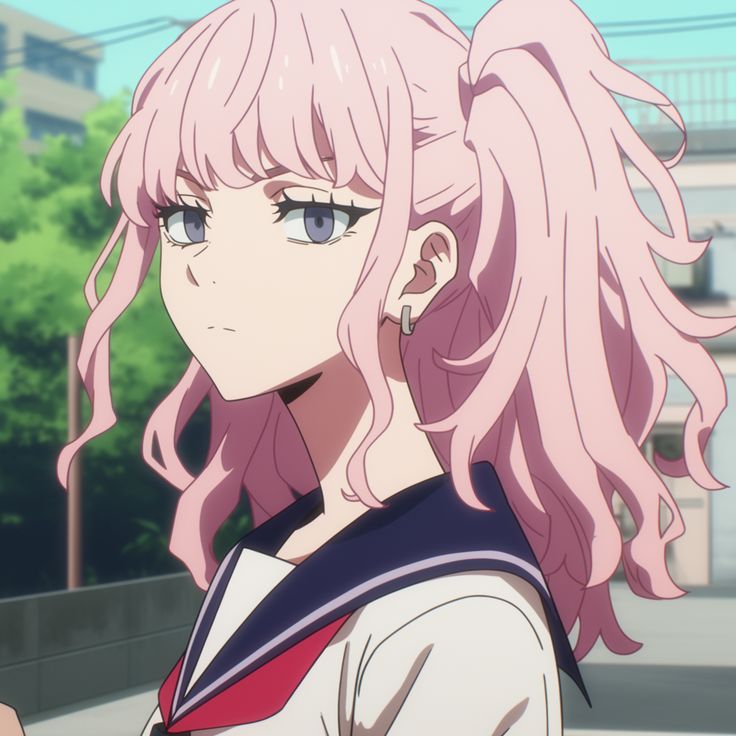 the image is a closeup portrait of an animestyle girl with long, wavy pink hair styled in high pigtails. she's wearing a white and navy sailorstyle school uniform with a red accent. her expression is serious and somewhat stoic.  the background shows a blurredout scene of what appears to be a japanesestyle cityscape, suggesting an outdoor setting during the daytime. the style is reminiscent of contemporary anime and manga illustrations.