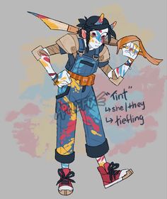 a digital drawing of a tealskinned tiefling named "tint" who is wearing paint splattered overalls and holding a paintcovered sword in one hand and a paintcovered cloth in the other.  the background is a muted gray with splashes of pink and teal.  the character is wearing red and white high top sneakers.